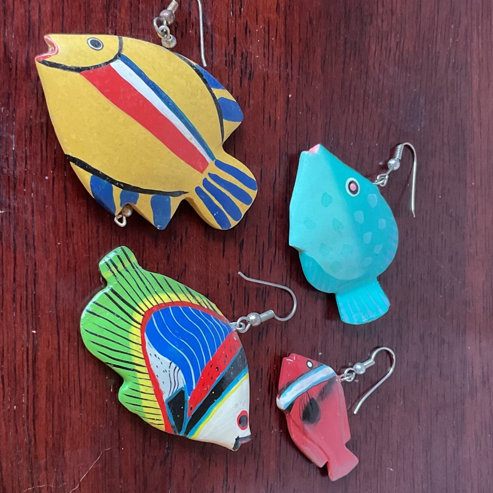 Vintage Colorful Fish Earrings Set – Yellow, Teal, Green & Red